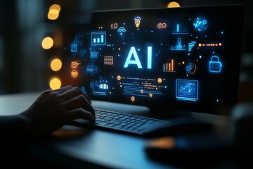 An AI-powered intelligent system with the letters "AI" and various law-related icons floating in front of it, on an office desk, close-up shot of hands typing on a keyboard. Generative ai.