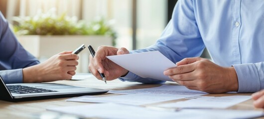 Photorealistic ai artwork of a man's hands working on documents and blueprints. Generative ai.