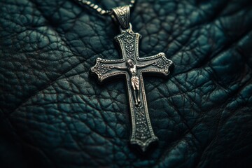 A beautiful silver cross pendant rests on textured black leather. The intricate details and shine create a striking contrast. This piece symbolizes faith and devotion. Generative AI