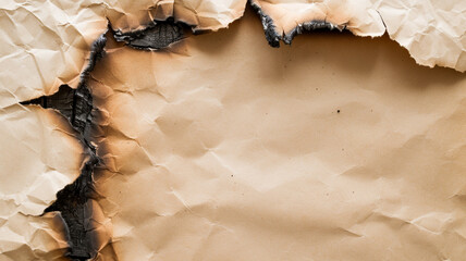 AI generated 16:9 horizontal format image of border picture of burnt paper with central blank brown paper copyspace background