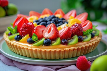 A vibrant fruit tart filled with strawberries, blueberries, raspberries, and kiwi, topped with mint leaves, offering a colorful and refreshing dessert perfect for summer.

