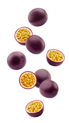 Falling Passionfruit isolated on white background, full depth of field