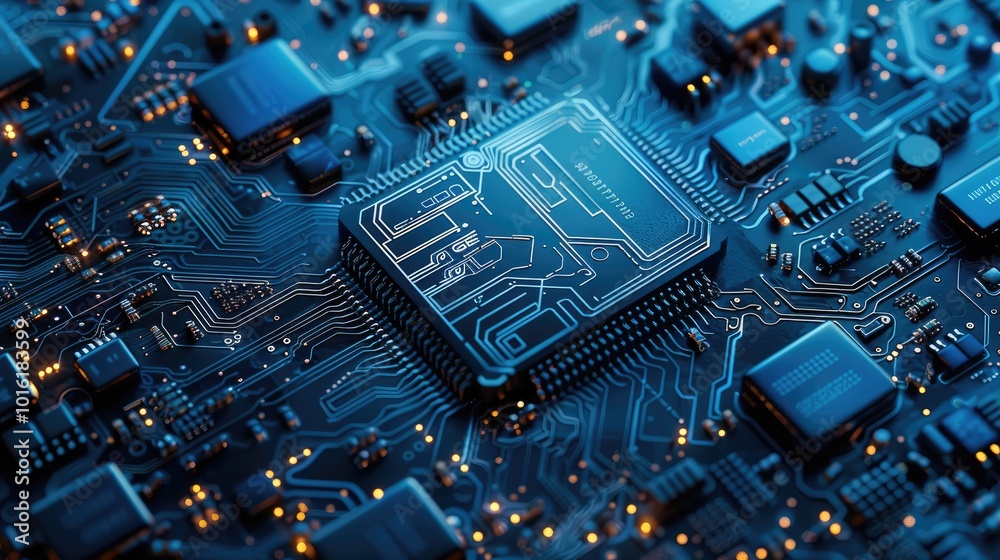 Poster blue tone abstract computer chip background.