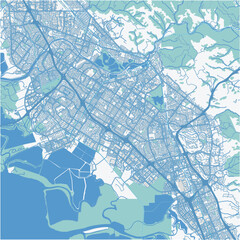 Map of Fremont in California in a professional blue style. Contains layered vector with roads water, parks, etc.