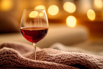 A cozy scene with a wine glass filled with red wine placed on a knitted blanket, surrounded by bokeh lights, offering warmth and festive vibes.