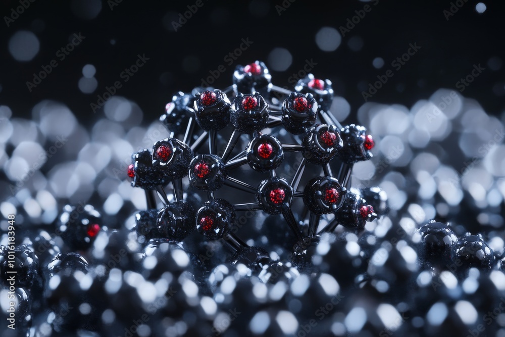 Poster A striking image showcasing a dark carbon structure adorned with vivid red highlights, symbolizing strength and the depth of scientific exploration.