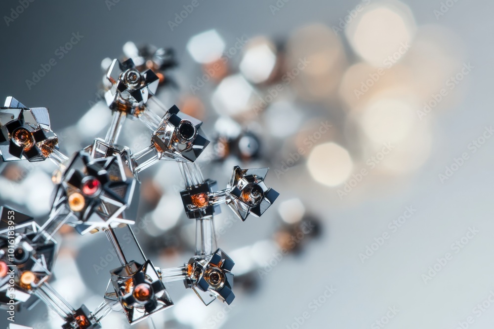 Aufkleber A detailed macro shot of a futuristic molecular structure, featuring chrome elements and intricate connections, representing modern science and technology.