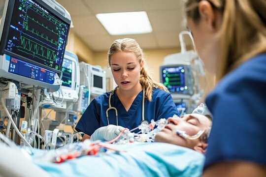 Medical professionals in an ICU setting are attending to a critically ill patient hooked up to life-saving equipment, showcasing teamwork and dedication.