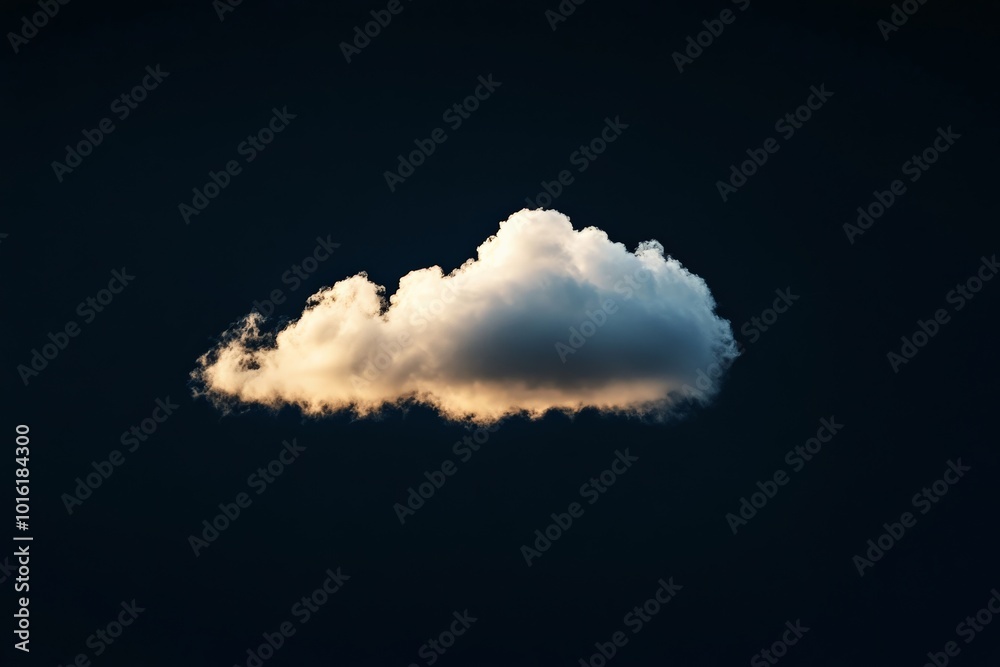 Poster This serene image captures a singular bright cloud brilliantly illuminated by warm light, creating a tranquil sight against the backdrop of a deep, dark night sky.