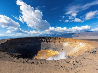 Volcanic crater at the summit, often filled with sulfuric steam vents or a lava lake, volcano, volcanic crater