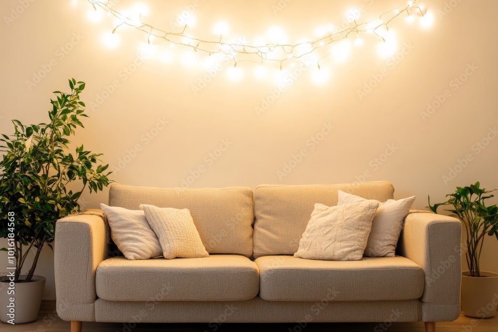 Aufkleber elegant beige couch complemented by soft cushions and string lights, providing a warm and inviting a