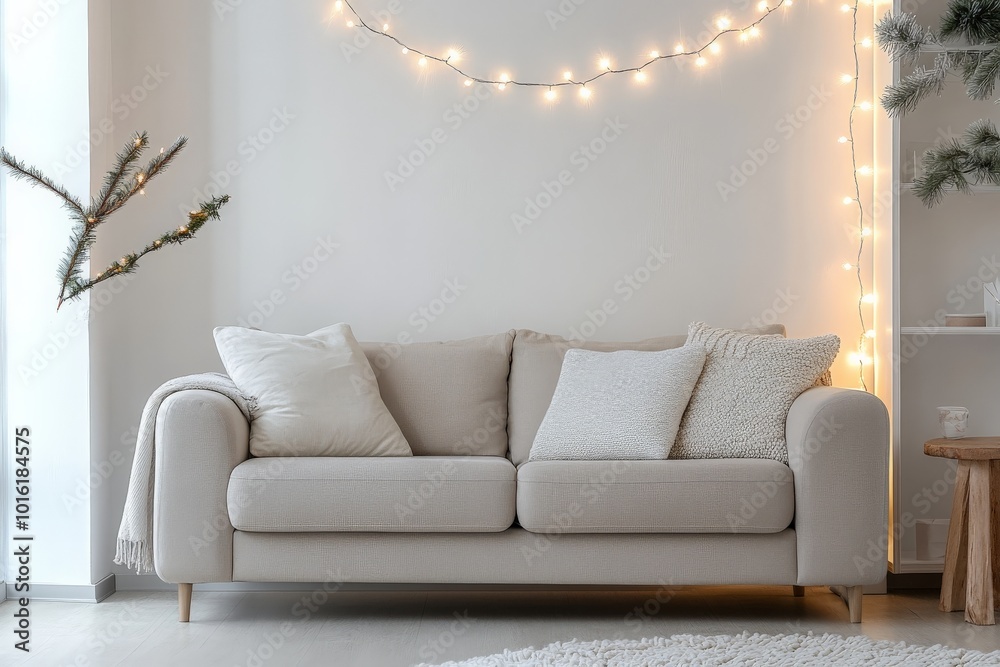 Poster a minimalist living room showcasing a neutral-toned couch with textured cushions, accentuated by a s