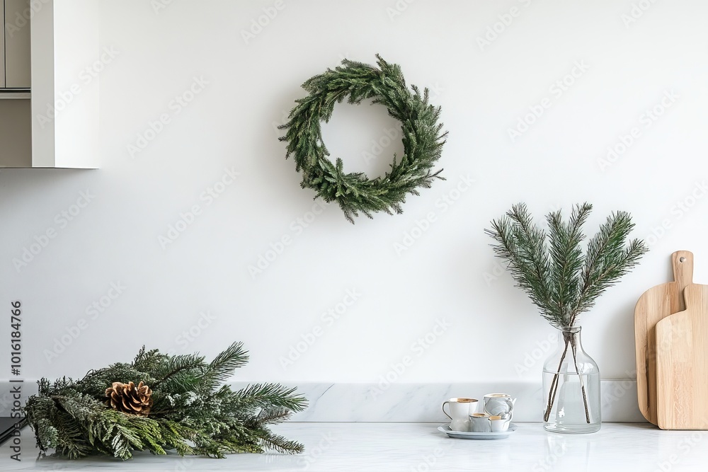 Aufkleber the clean, bright kitchen setting features lush greenery and a pine wreath, evoking freshness and si