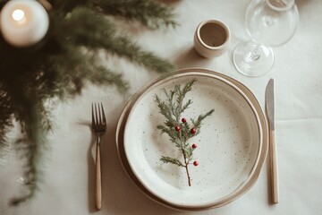 A close-up of a rustic table setting featuring a white plate adorned with evergreen branches and red berries, offering a simple yet elegant holiday decoration idea.