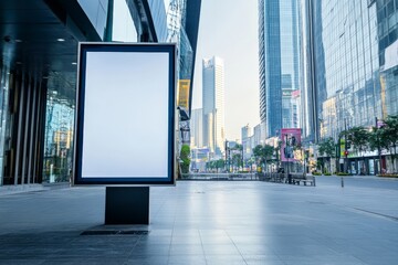 A vacant city plaza surrounded by towering skyscrapers, spotlighting a solitary digital billboard...