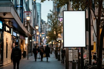 An empty rectangular sign is prominently displayed over a busy street as evening shoppers walk past, capturing the essence of vibrant city life and commercial activities.