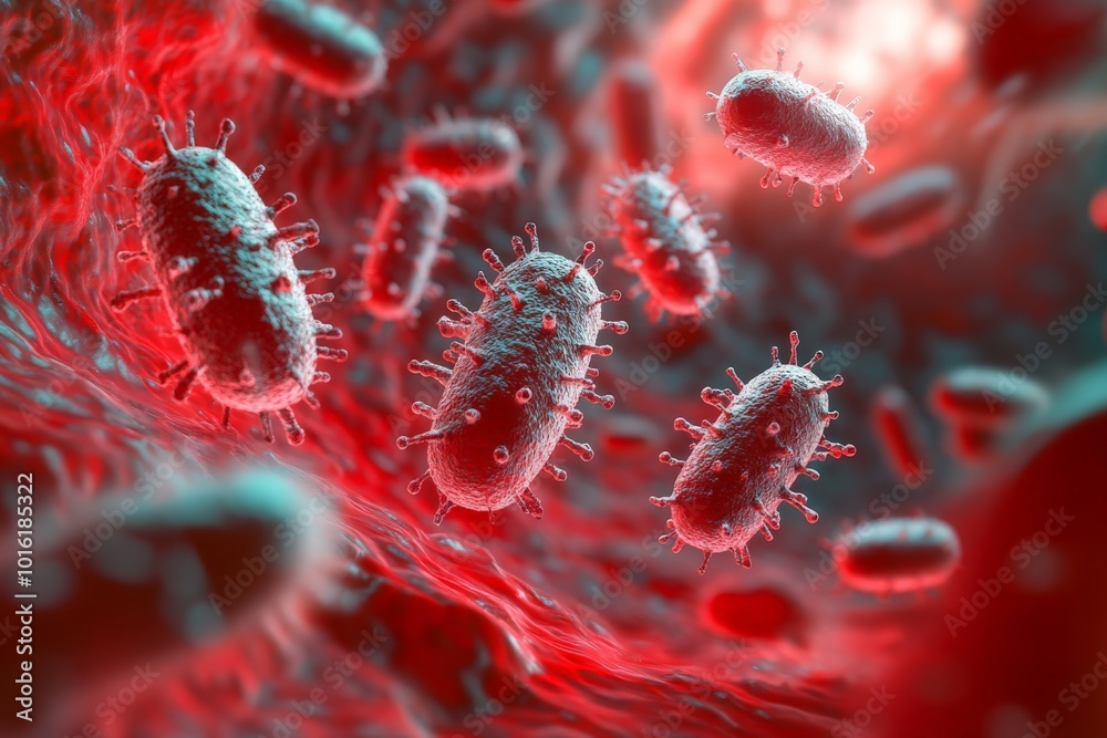 Poster this artistic visualization captures rod-shaped bacteria amidst a vividly red environment, highlight