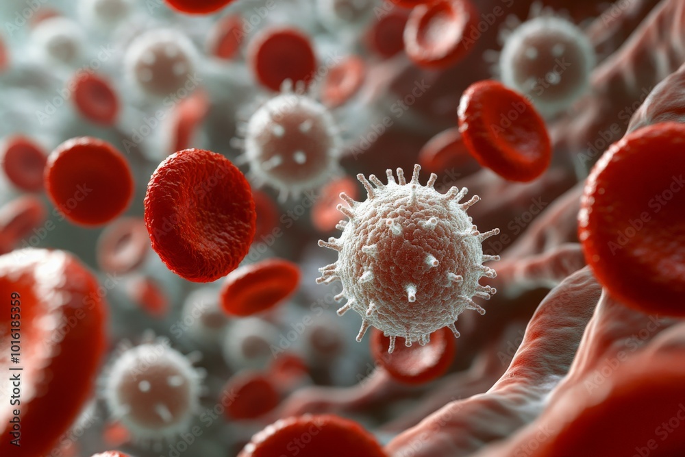 Poster This image depicts a close-up of red blood cells and a spiky white virus particle floating within the human bloodstream, emphasizing viral interactions and medical themes.