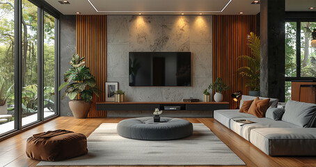 Modern living room TV wall design, neutral wallpaper without patterns, vertical wooden slats, stone veneer around the TV, minimalist and contemporary style.