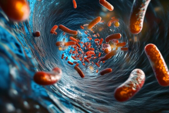 An imaginative look at microbial organisms traversing a tubular structure, symbolizing their journey through systems and the impact of microbes on human health.