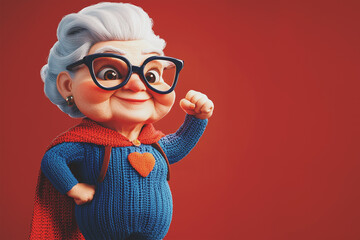 Grandma in superhero costume standing with arm flexed vector cartoon illustration. Caucasian senior woman wearing cape and mask. Lifestyle, active old age, health theme.