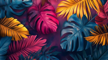 Vibrant tropical leaves in shades of blue, pink, and yellow create a stunning background in a lush botanical setting