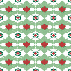 Red, green, and white embroidery, motif ethnic ikat seamless textile illustration, print striped ornament, pattern, design for wrapping, silk, scarf, clothing, background, textile, carpets, curtains.