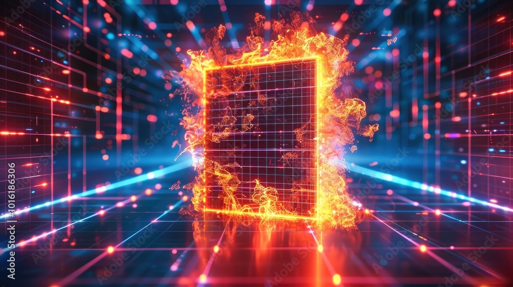 Poster A glowing firewall icon represented by a burning digital wall on a background of a neon-blue network grid. The bright colors contrast with the dark environment.
