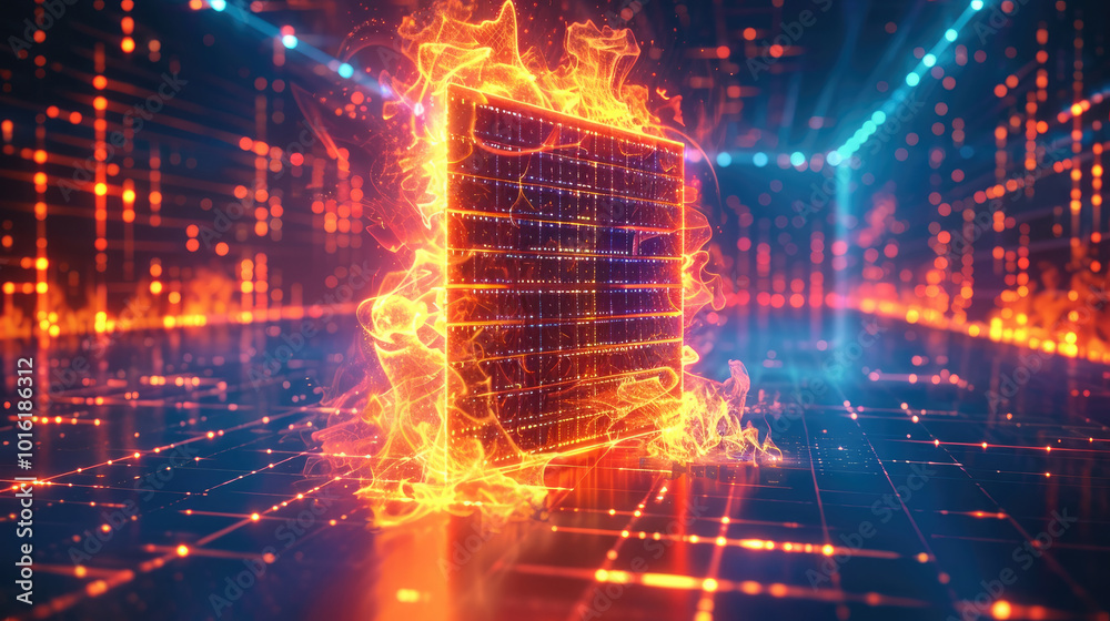 Aufkleber a glowing firewall icon represented by a burning digital wall on a background of a neon-blue network