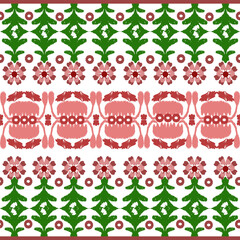 Red, green, and white embroidery, motif ethnic ikat seamless textile illustration, print striped ornament, pattern, design for wrapping, silk, scarf, clothing, background, textile, carpets, curtains.