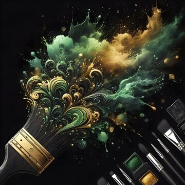 "Paintbrush on black background"
"Green and gold colour splash art"
