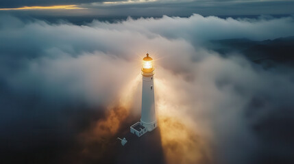 Fototapeta premium A lone lighthouse emerges through the drifting clouds, its light casting bright beams across the sky, standing tall against a backdrop of serene, peaceful morning light.