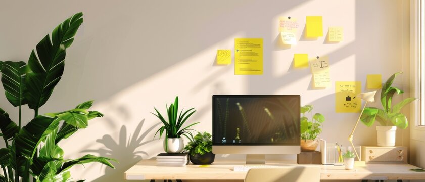 A sunlit desk surrounded by green indoor plants and yellow notes pinned on a wall, creating a vibrant workspace that inspires creativity and productivity.