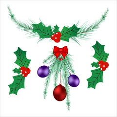 Christmas garland Christmas leaf  bells ribbon Christmas ball vector, elementgolden, flower, red, green, tree,  white, background, design