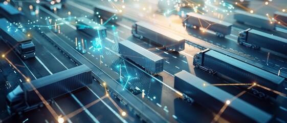 Illuminated highway with autonomous trucks showcasing futuristic logistics technology in a digital landscape.
