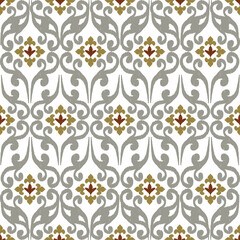 Grey, yellow, white embroidery, motif ethnic ikat seamless textile illustration, print striped ornament, pattern, design for wrapping, silk, scarf, clothing, background, textile, carpets, curtains.