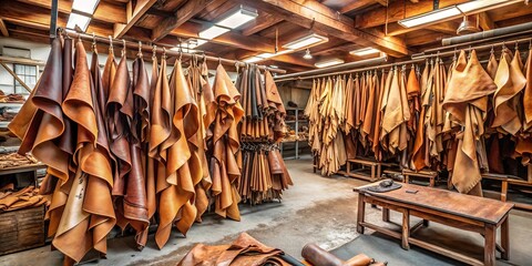 Naklejka premium A workshop filled with rows of tanned leather hides, meticulously hung and waiting to be transformed into beautiful, enduring objects.