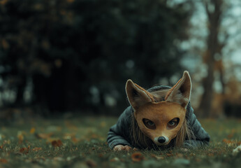 Fototapeta premium Teenager practicing quadrobics in a fox mask, crawling in the forest