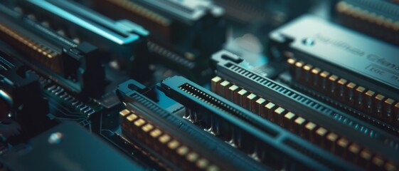 Close up of computer hardware showcases the intricate arrangement of circuits and connectors, emphasizing technology's complexity and precision.