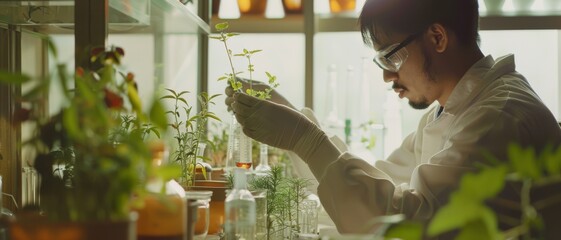 A focused researcher examines green plants in a sunlit laboratory, embodying scientific curiosity and the intersection of nature and technology.