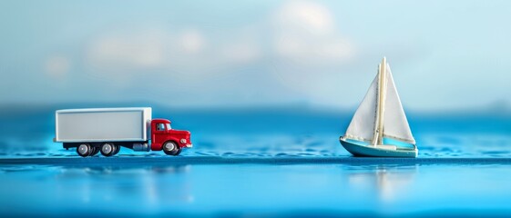 A whimsical scene shows a toy truck and sailboat on a blue surface, hinting at imaginative journeys across land and sea in a miniature world.