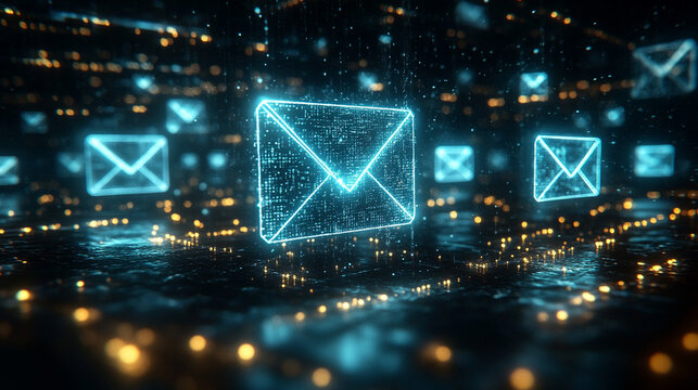 swarm of glowing digital envelopes floats in a dark cyberspace, symbolizing virtual communication and data exchange. The image represents connectivity, digital privacy, and the flow of information