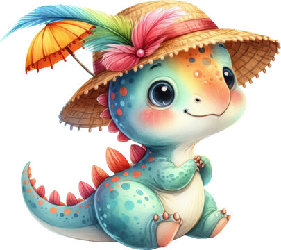 recommend clip art: Cute Cartoon Dinosaur Wearing Summer Hat