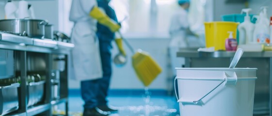 Workers in yellow gloves clean a modern kitchen, with focus on a bucket filled to the brim, reflecting a busy, industrious atmosphere.