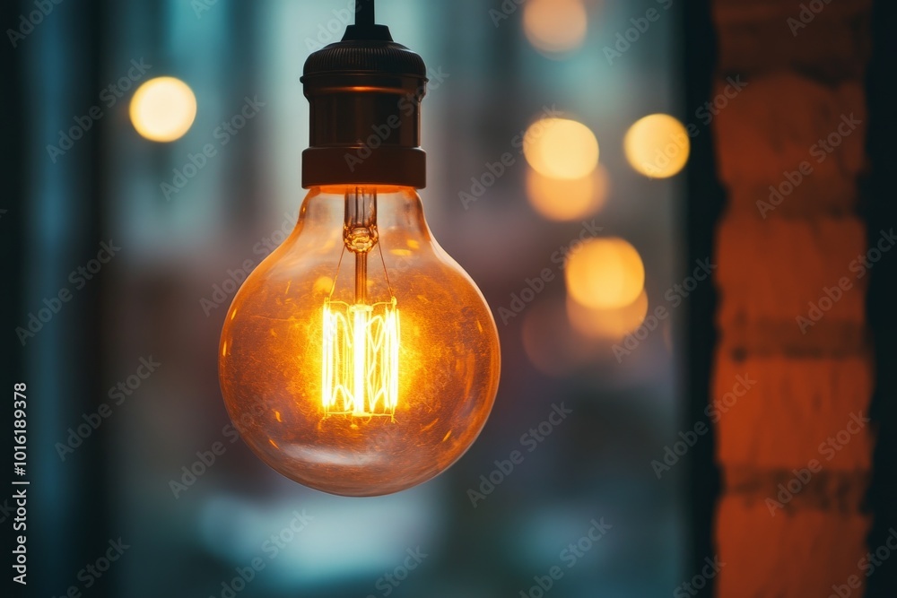 Poster A glowing vintage Edison bulb hangs in focus, casting warm and ambient light. The image is a perfect blend of retro charm and modern aesthetics.