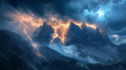 Fototapeta premium background of a rainstorm atmosphere with lightning and thunder in the mountains with trees and waterfalls flooding