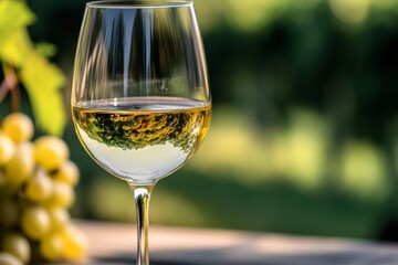 Obraz premium A glass of white wine stands on a table, with a vineyard reflecting in the glass. The image embodies elegance, tranquility, and the art of wine-making.
