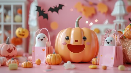 Cute Halloween scene with smiling ghost, jack-o'-lanterns, candy, and playful decorations on a pink background Generative AI