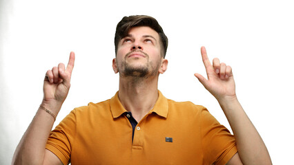 Man, close-up, on a white background, pointing up