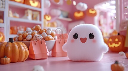 Obraz premium Cute Halloween scene with smiling ghost, jack-o'-lanterns, candy, and playful decorations on a pink background Generative AI